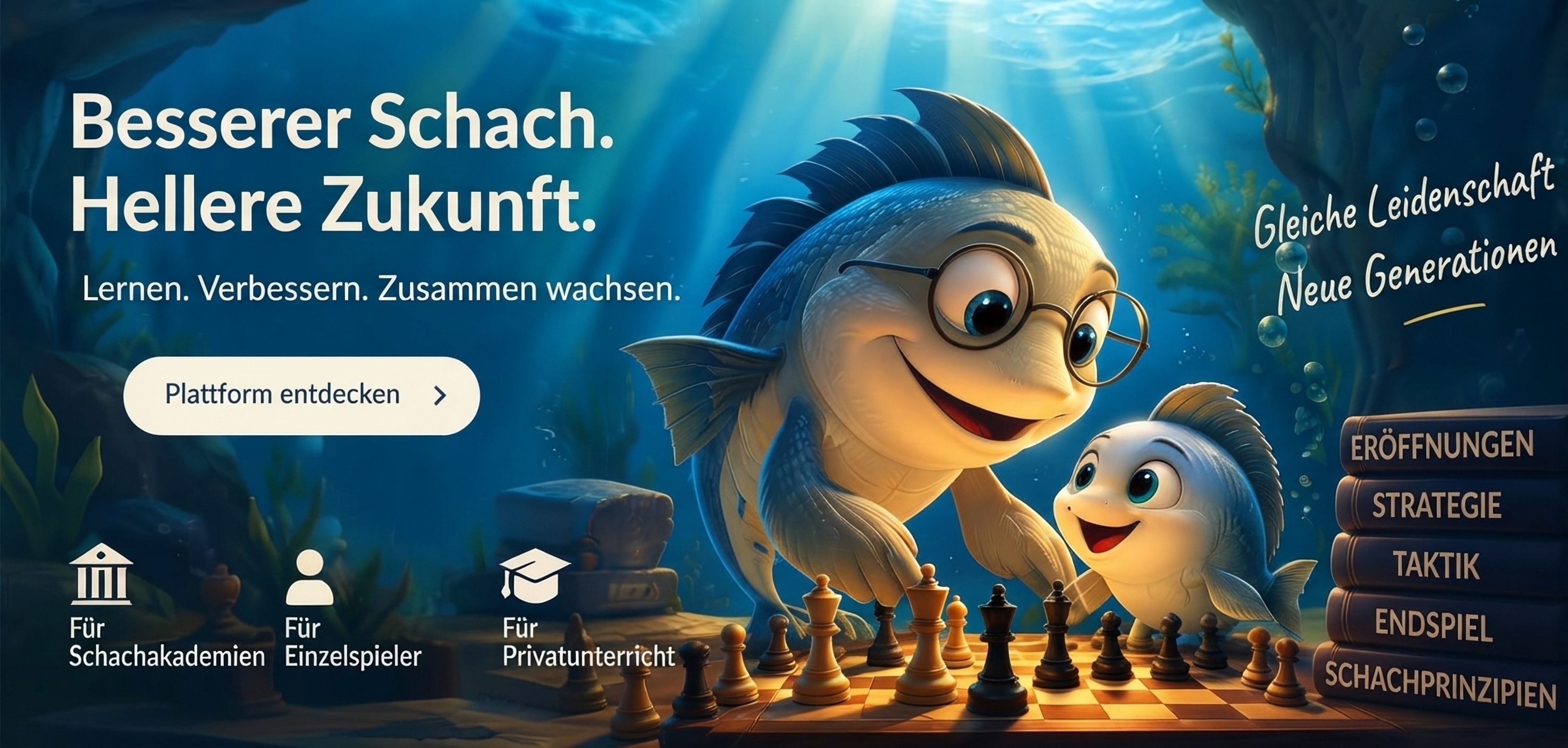 Besseres Schach, hellere Zukunft: Vater- und Kind-Fischfiguren beim Schachspielen