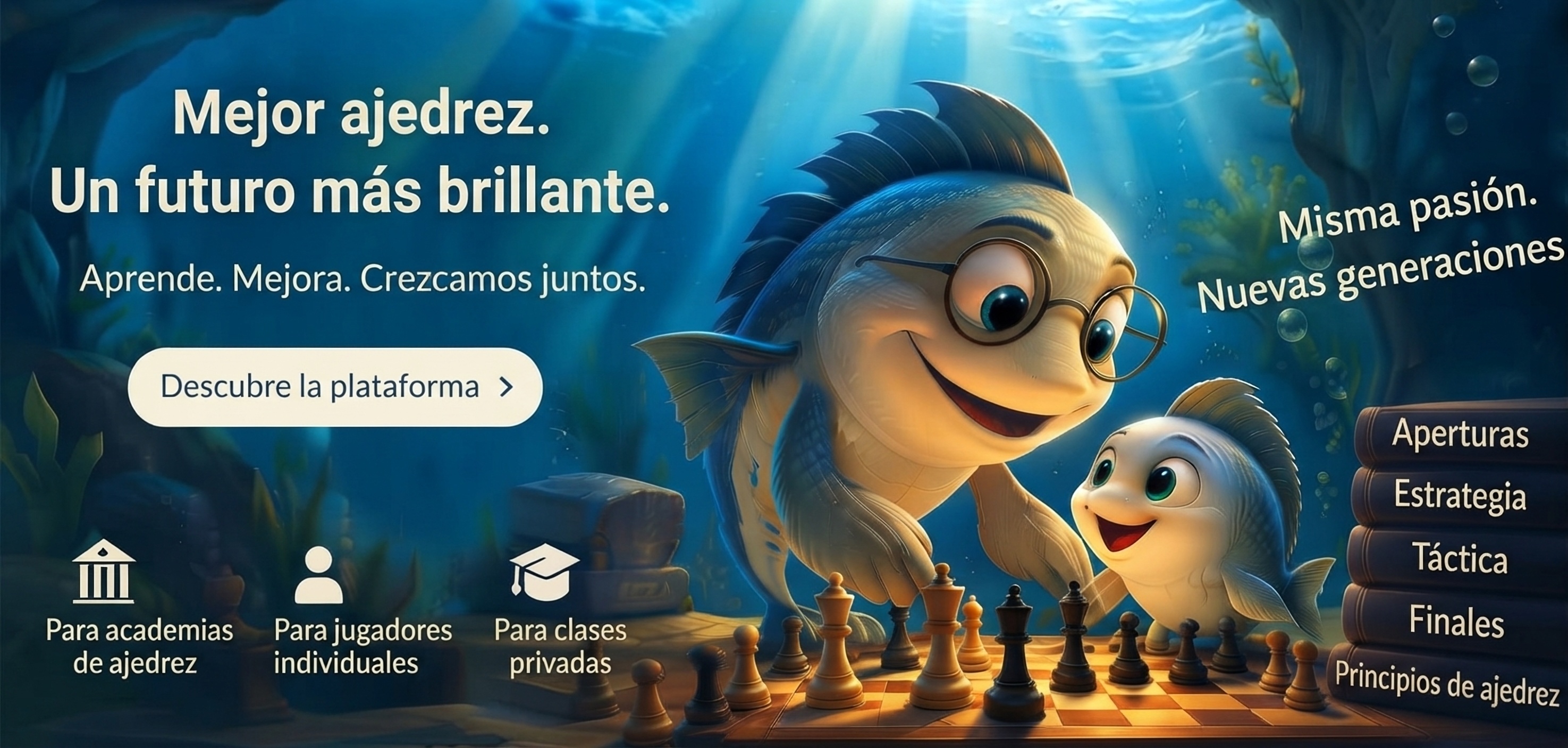 Mejor ajedrez, futuros más brillantes: personajes de pez padre e hijo jugando al ajedrez