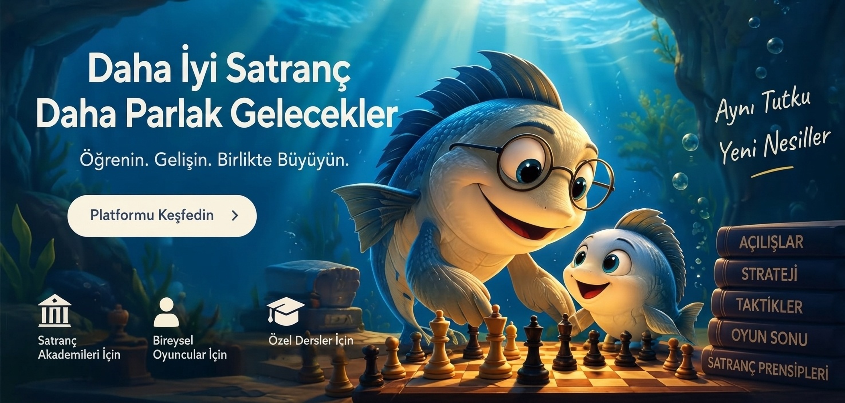 Daha iyi satranç, daha parlak gelecek: satranç oynayan baba ve çocuk balık karakterleri