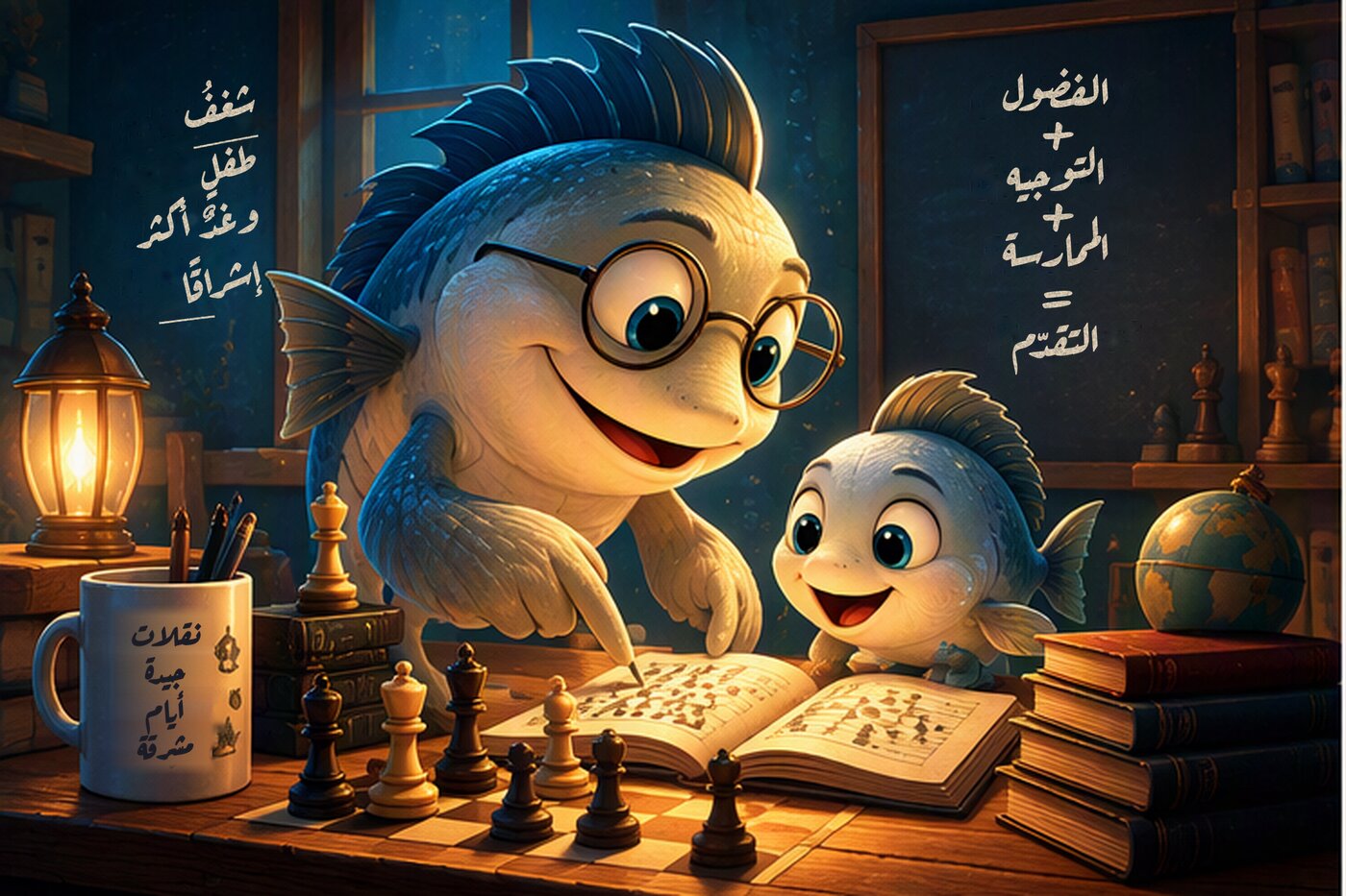شخصيتا سمكة المرشد والطالب تتعلمان الشطرنج