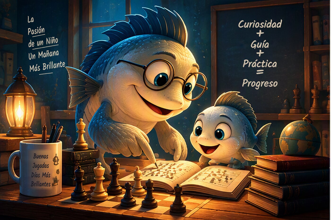 Personajes de pez mentor y alumno aprendiendo ajedrez