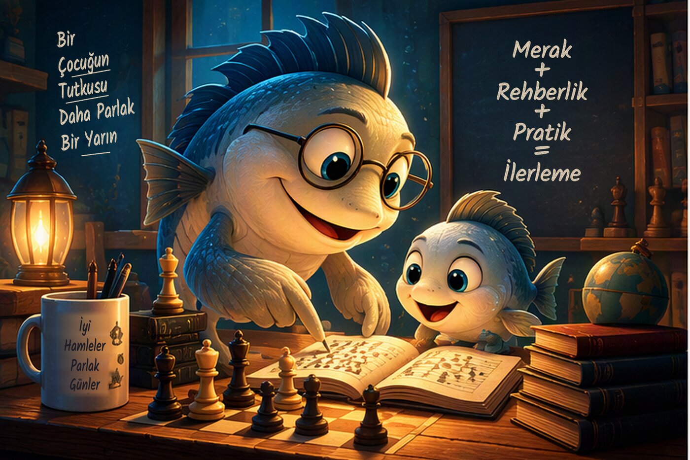 Satranç öğrenen rehber ve öğrenci balık karakterleri